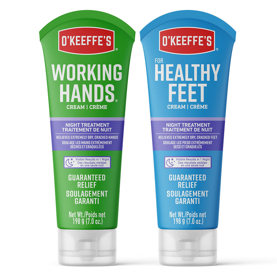 O'Keeffe's front packaging showing both night treatment tubes and benefits