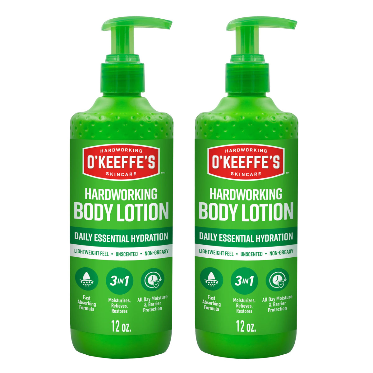 O'Keeffe's front packaging showing two 12 oz pump bottles for deep hydration