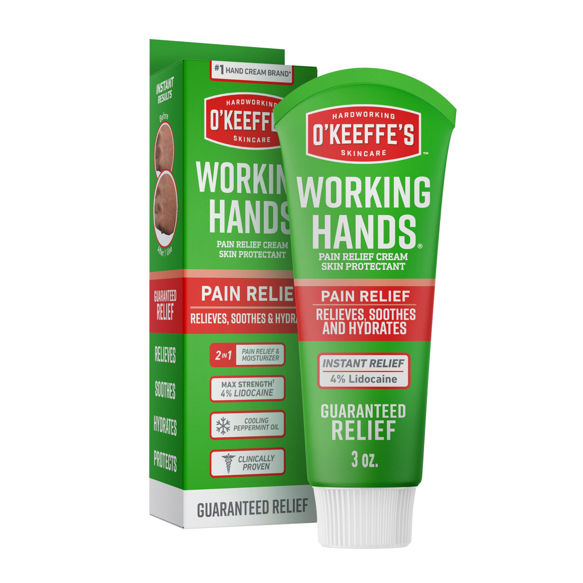 O'Keeffe's front tube view showing product branding and 3 oz size benefit