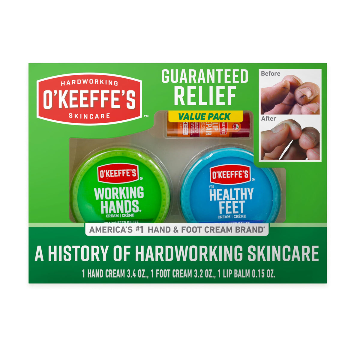 O'Keeffe's giftbox front packaging showing all three products and benefits
