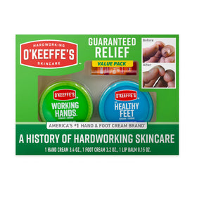 O'Keeffe's giftbox front packaging showing all three products and benefits