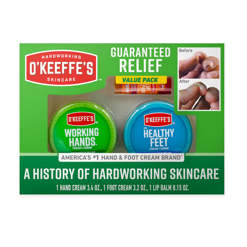 O'Keeffe's giftbox front packaging showing all three products and benefits