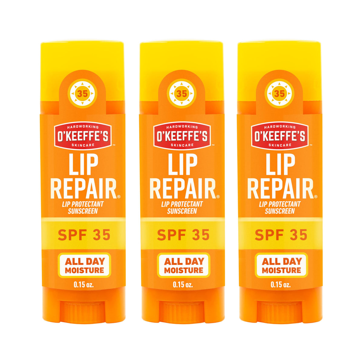 O'Keeffe's front packaging three-pack showing compact travel-ready sticks