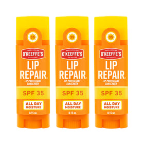 O'Keeffe's front packaging three-pack showing compact travel-ready sticks