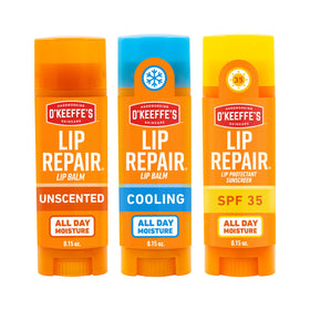 O'Keeffe's front packaging showing three lip repair sticks and benefits