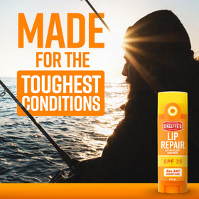 O'Keeffe's label detail showing SPF35 and 80-minute water resistance benefits