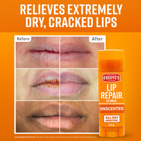 O'Keeffe's lip repair stick open revealing balm tip for quick touch-ups