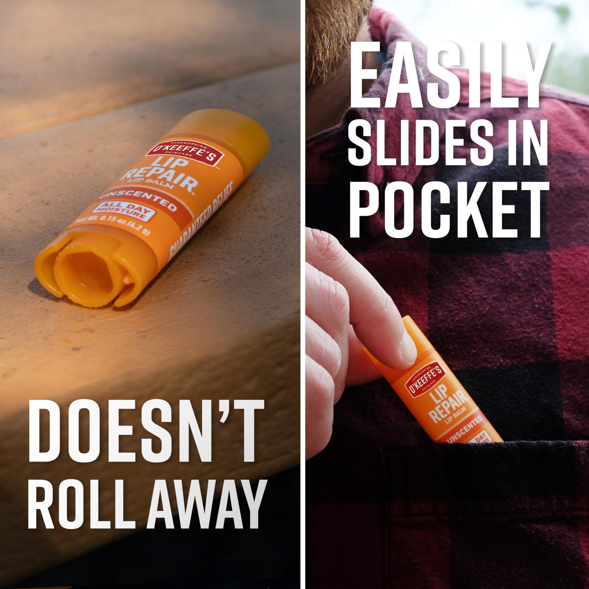O'Keeffe's stick held in hand to show size and easy pocket-friendly benefit