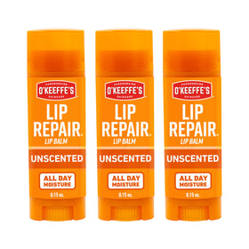 O'Keeffe's unscented lip repair stick front view showing packaging and convenience