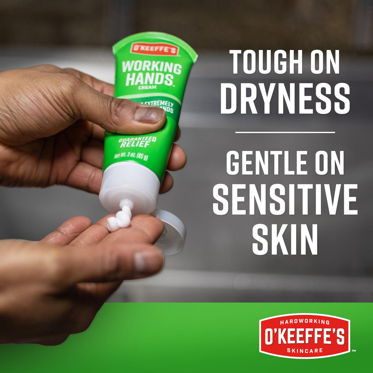 O'Keeffe's application on dry hands showing fast relief and protective layer