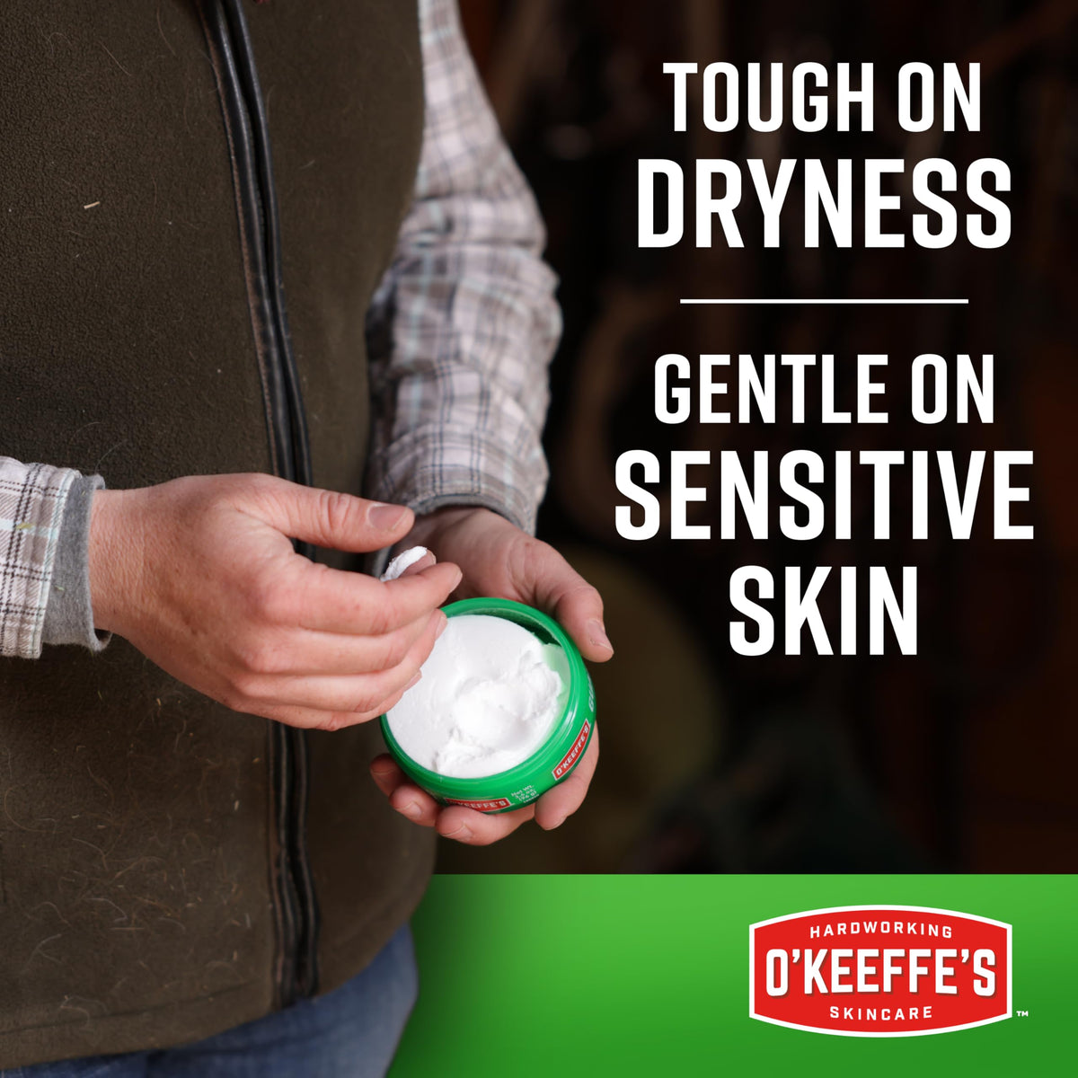O'Keeffe's applied to dry hands demonstrating immediate soothing benefit