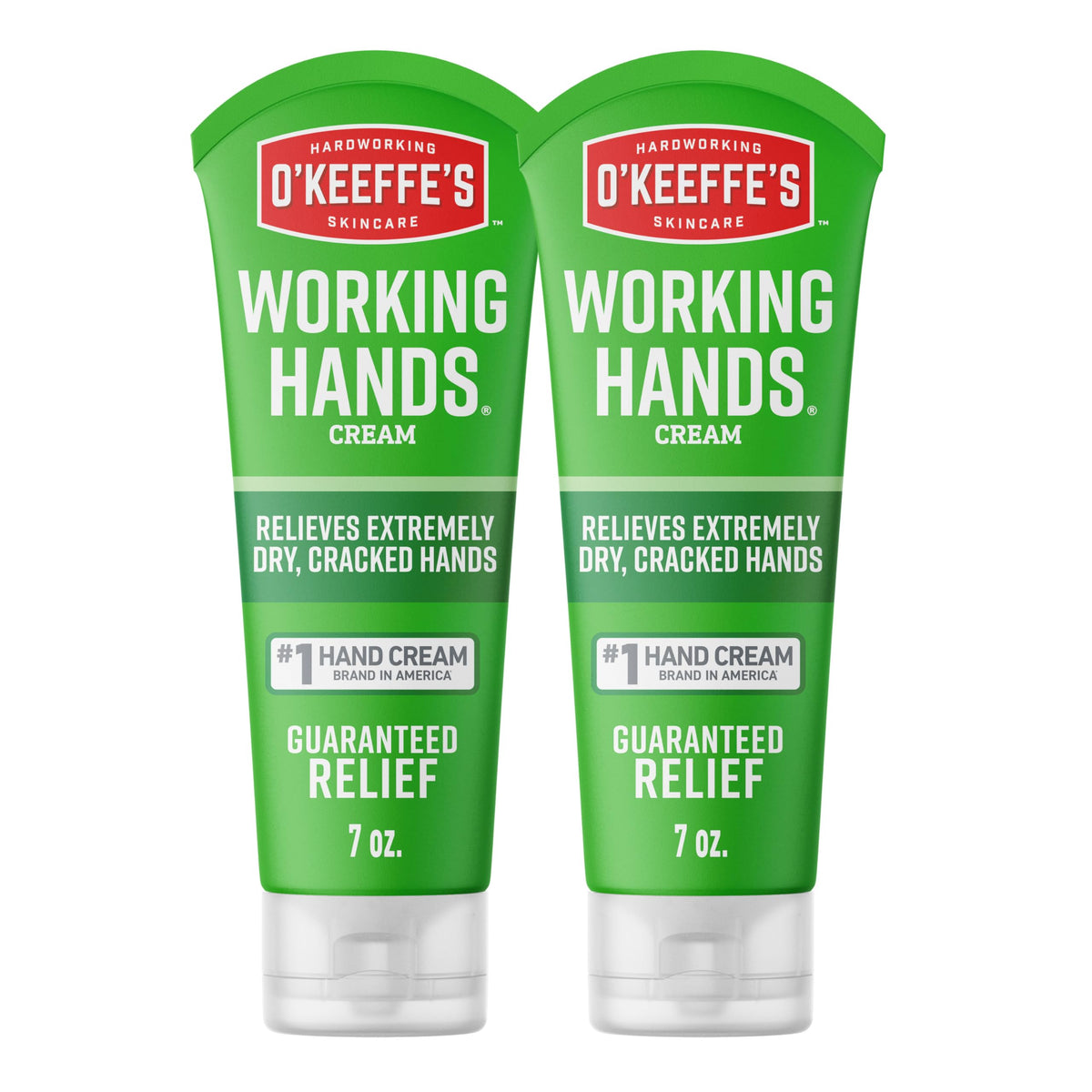 O'Keeffe's front view of two 7 oz tubes showing packaging and brand benefit