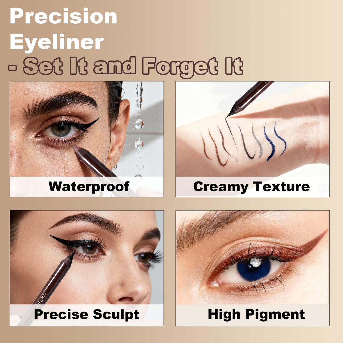 Okerker plum eyeliner applied as a winged line highlighting enhanced green eyes