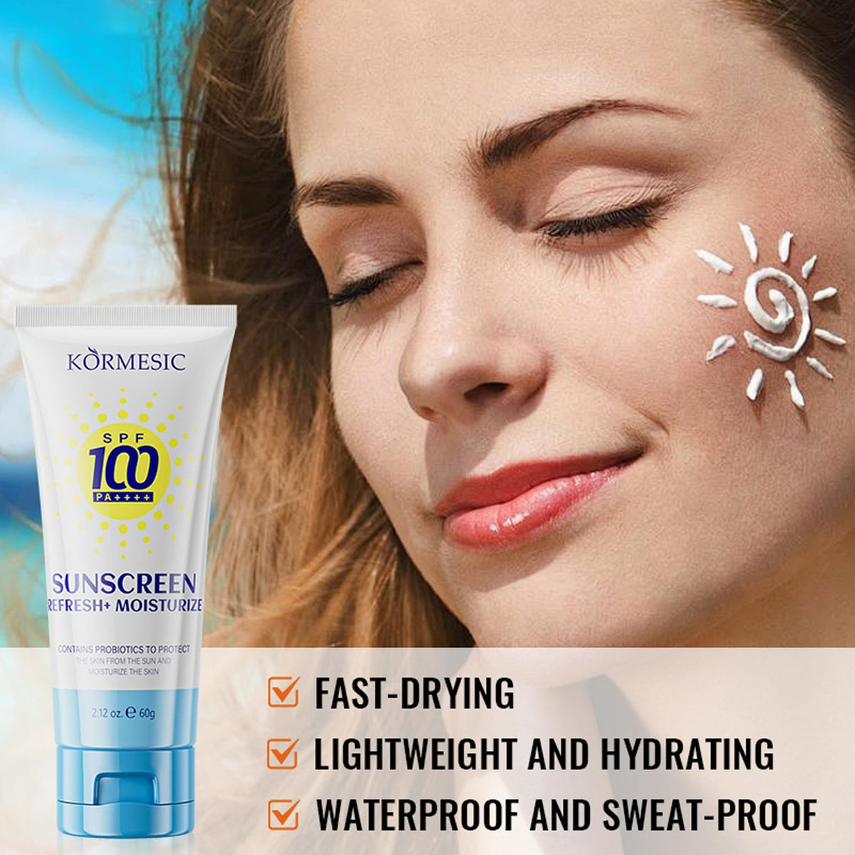 Okerker sunscreen applied to face demonstrating non-greasy finish