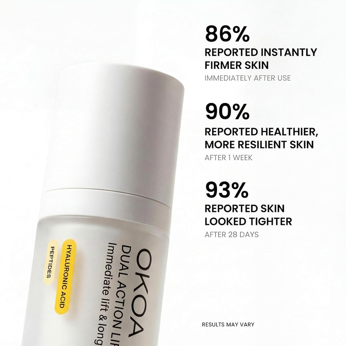 OKOA label close-up listing peptides and botanical extracts for ingredient clarity