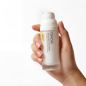 OKOA on bathroom shelf styled scene showing daily routine compatibility