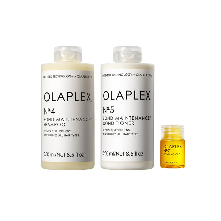 Olaplex front packaging showing all three products and cohesive routine benefits