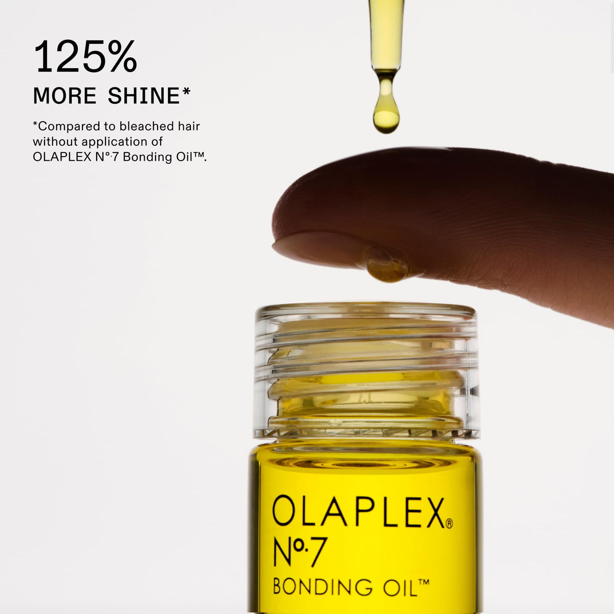Olaplex N°7 oil on glossy hair strand to boost shine and heat protection