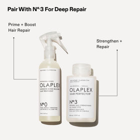 Side-by-side before and after hair photo with Olaplex N°.0 and No.3 showing improved manageability