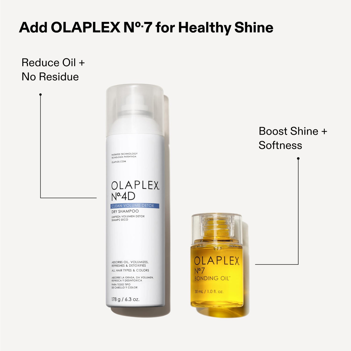 Before and after hair photos with Olaplex Nº.4D showing cleaner-looking volume