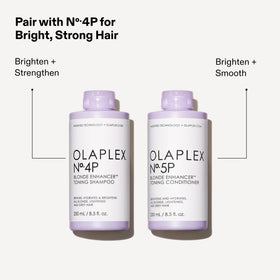 Olaplex Nº.5P before and after on blonde hair showing reduced brassiness