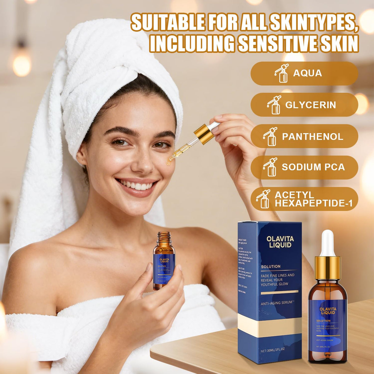 Olavita Liquid dropper releasing serum illustrating controlled application