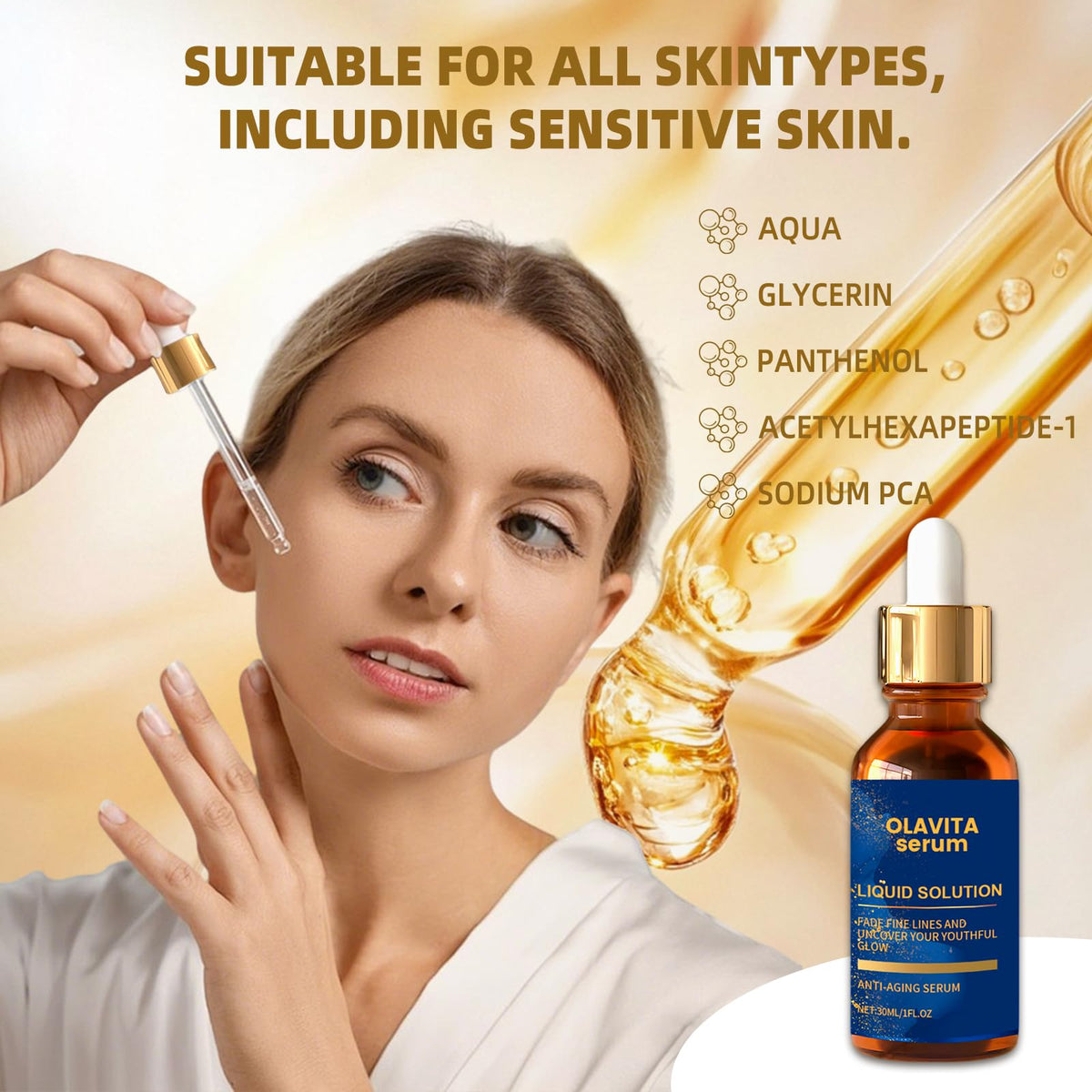 Applying Olavita Serum to face demonstrating even coverage and hydration benefit