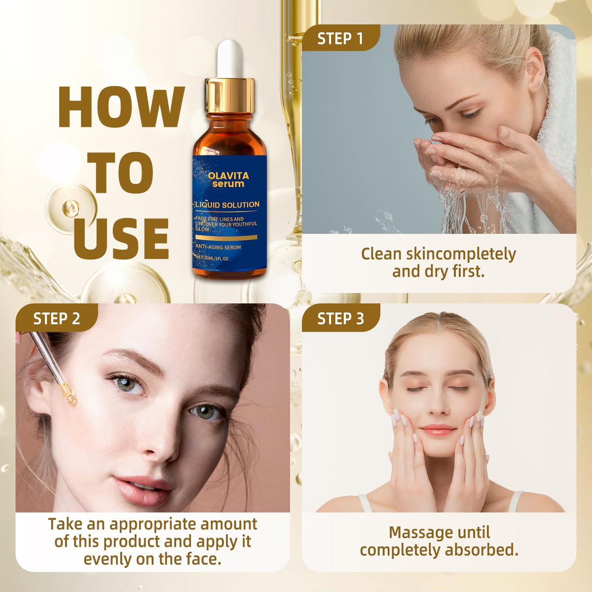 Olavita Serum on bathroom shelf in lifestyle setting promoting daily routine use