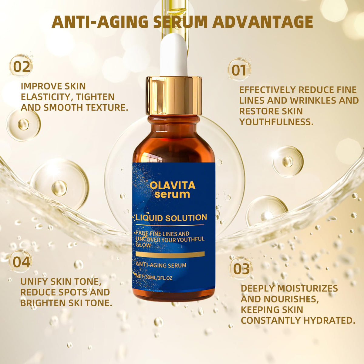 Olavita Serum ingredients label with vitamins C and E for antioxidant support