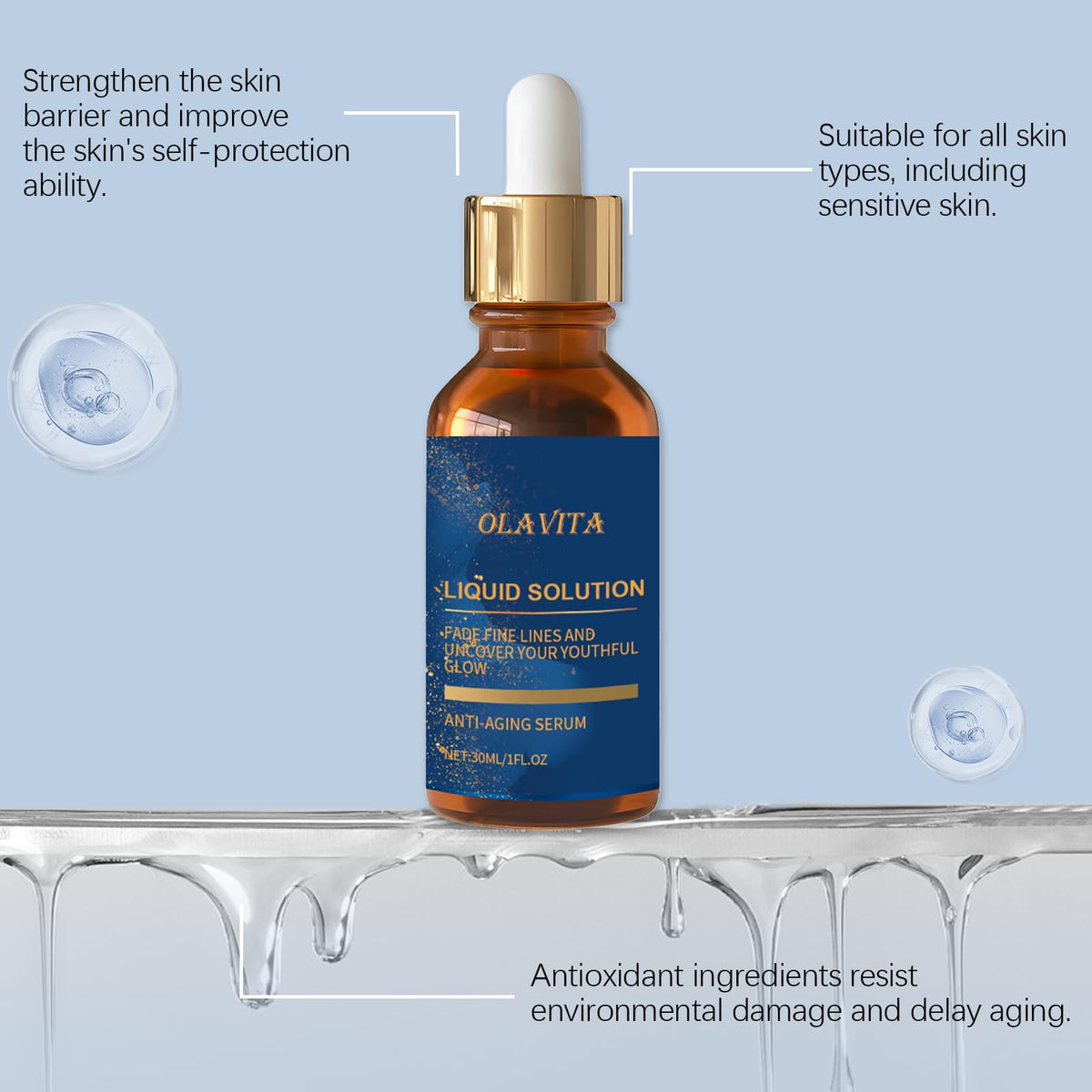 OLAVITA serum texture on hand illustrating lightweight hydration