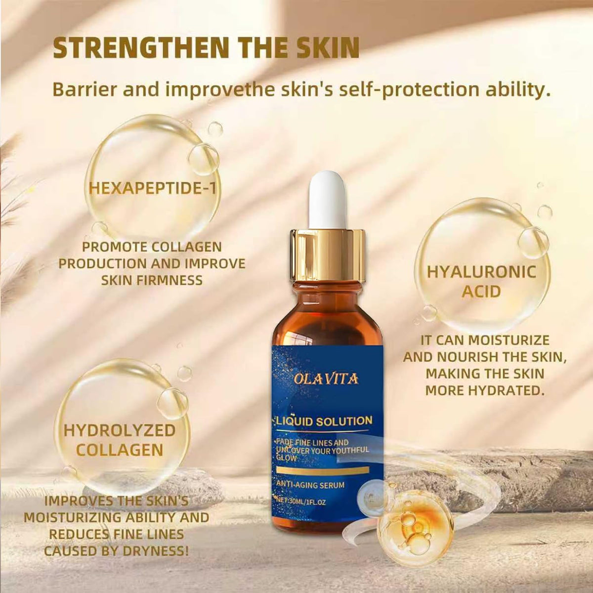 OLAVITA texture close-up of clear serum highlighting lightweight, fast-absorbing feel