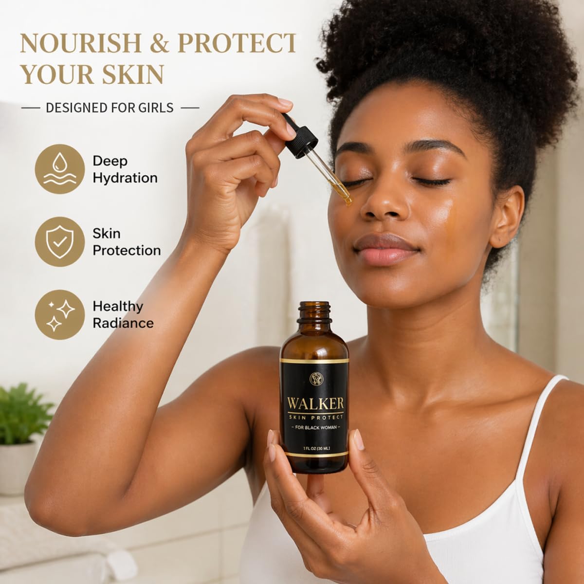 Olavita Walker Skin Protect Serum dropper dispensing lightweight serum for easy dosing