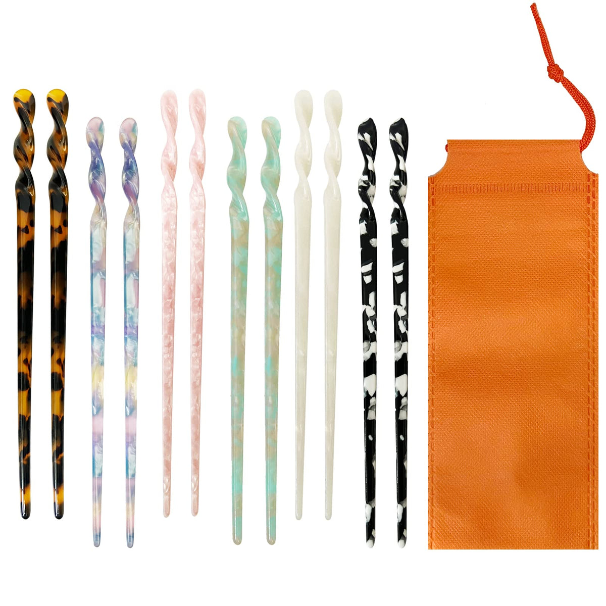 Olawyrae front view of 12-piece tortoise shell hair sticks showing colors and packaging, versatile styling benefit