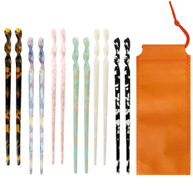 Olawyrae front view of 12-piece tortoise shell hair sticks showing colors and packaging, versatile styling benefit