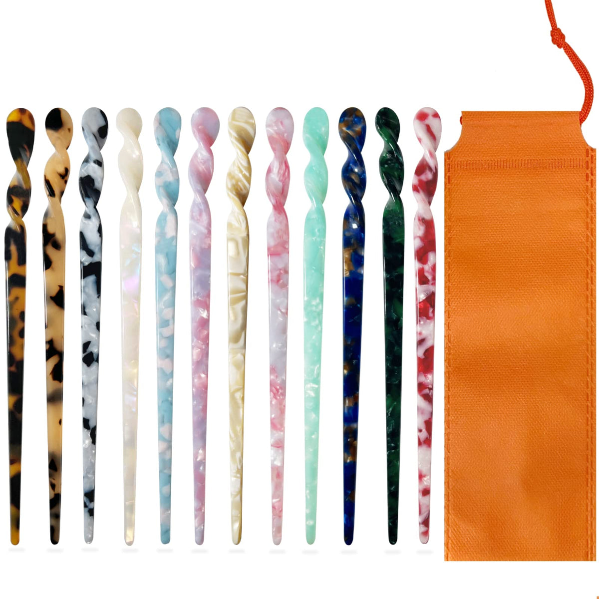 olawyrae front packaging showing 12 hair sticks and colorful patterns for variety