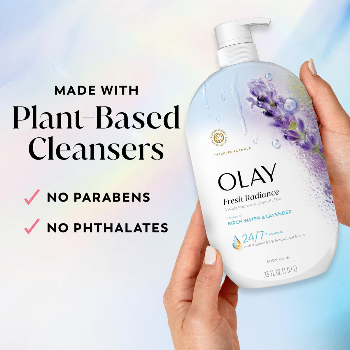 Olay 35 fl oz bottle next to common items to show long-lasting value benefit