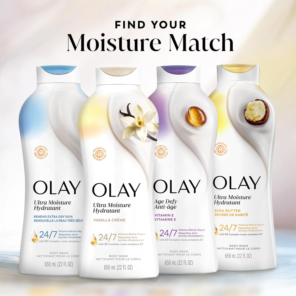 Olay in bathroom setting suggesting daily routine and skin comfort
