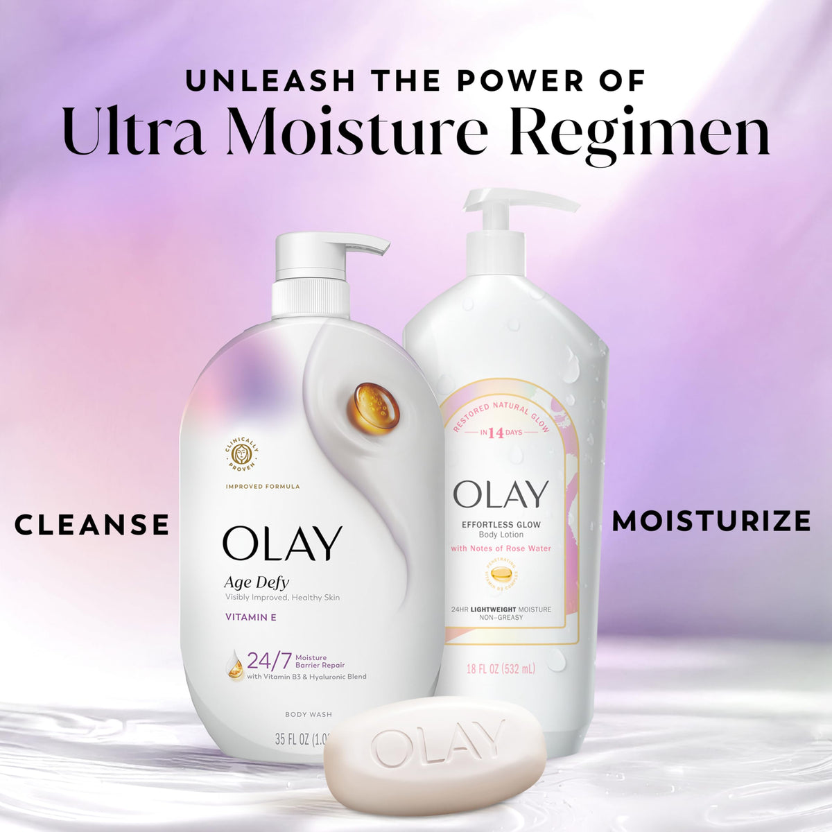 Olay two-bottle pack staged for value and consistent hydration