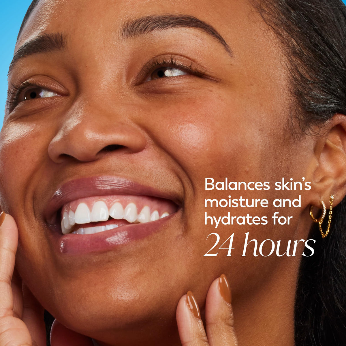 Olay being applied to face showcasing hydration boost and smoother-looking skin