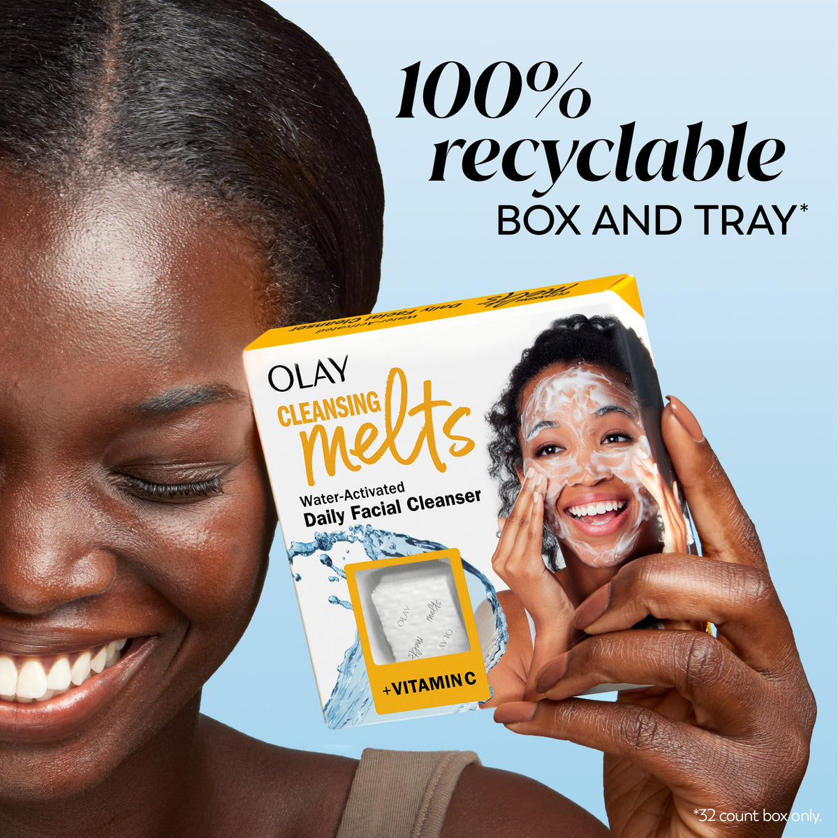 Olay bathroom counter lifestyle showing product in routine and travel-ready benefit