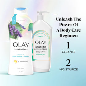 Olay body wash staged in shower, evoking a spa-like, refreshing routine