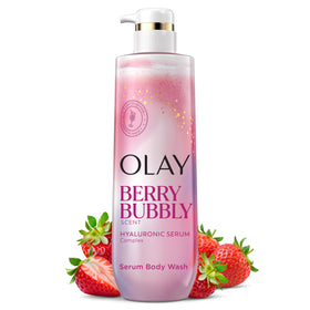 Olay front bottle showing Berry Bubbly scent and hydrating benefit
