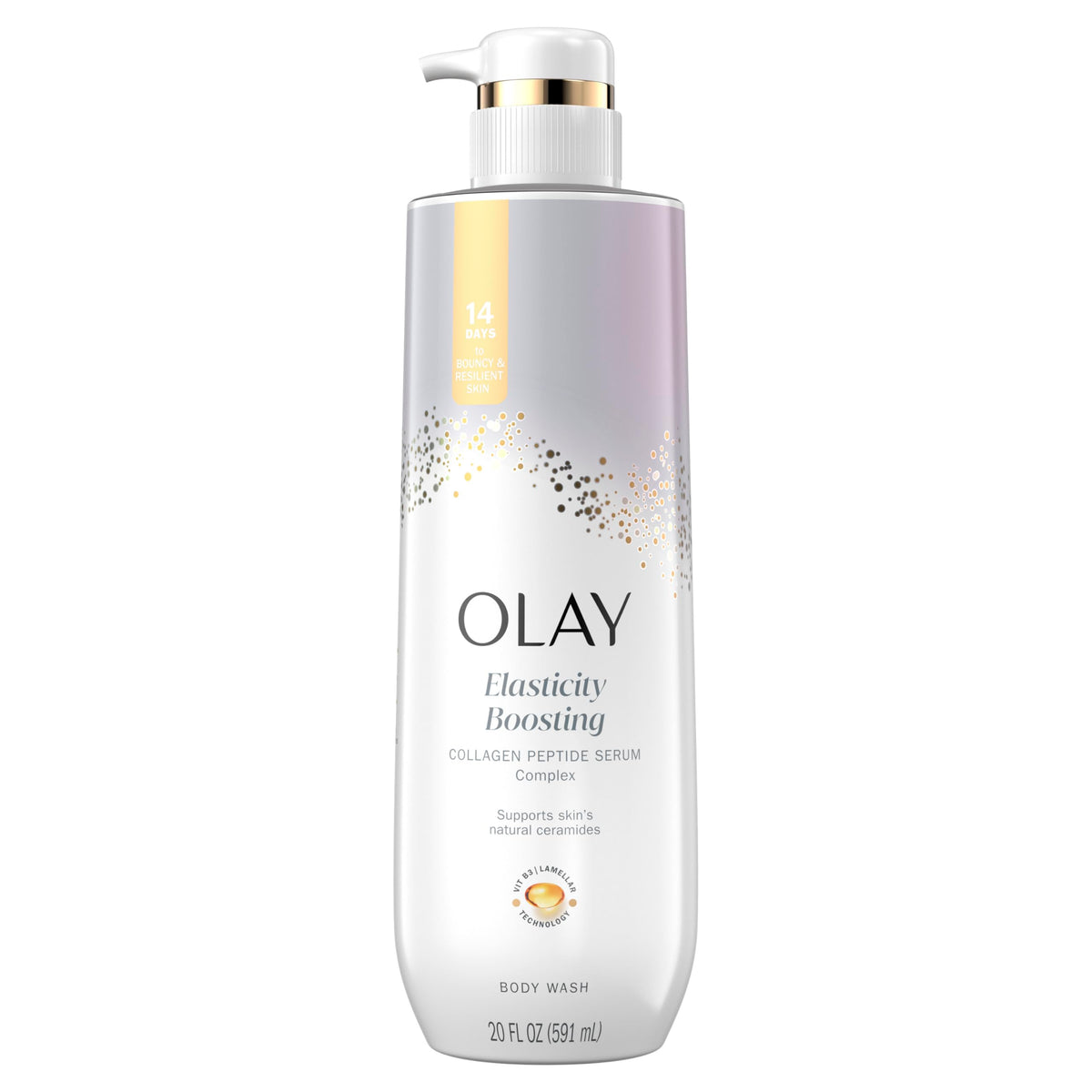 Olay front bottle showing product branding and pump for easy use