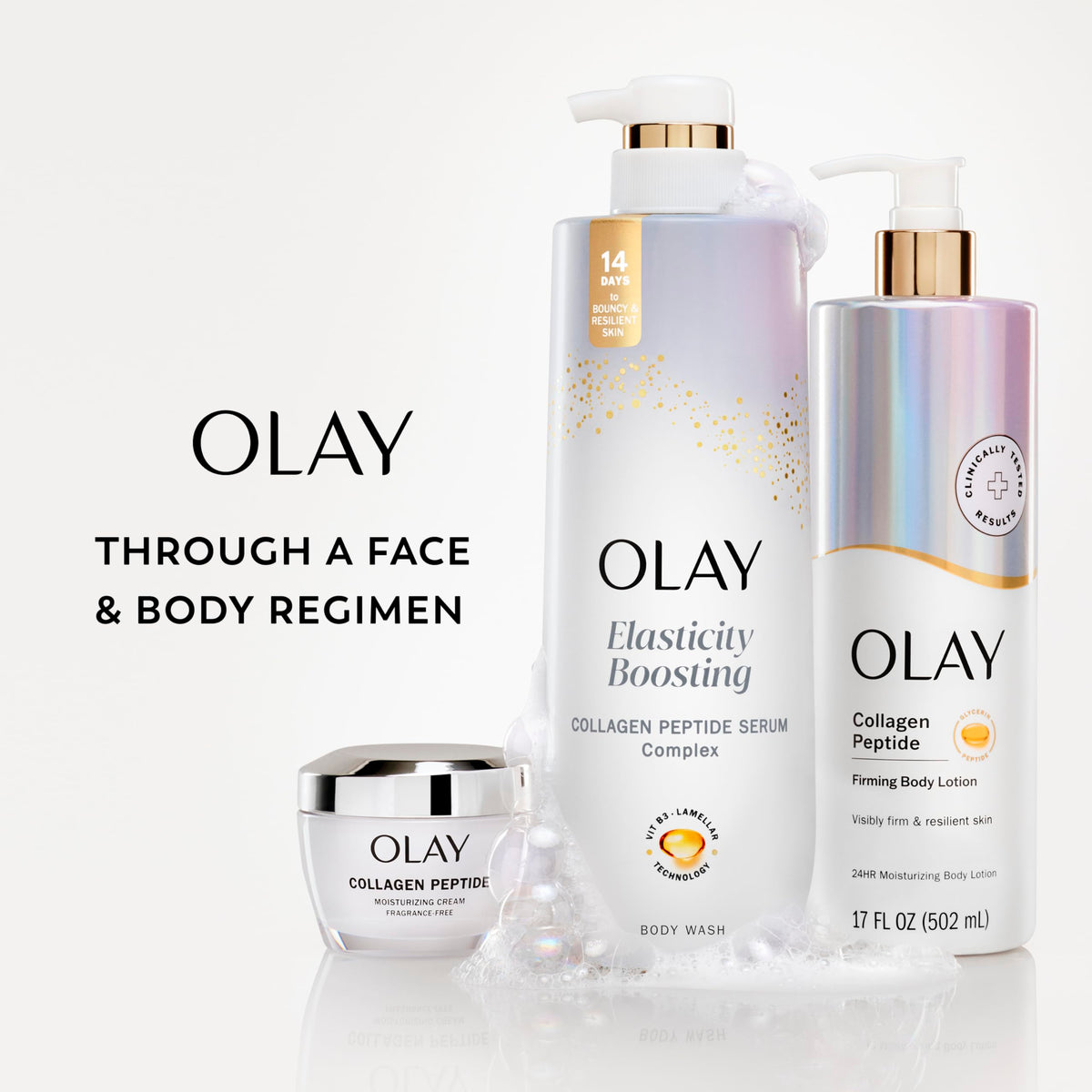 Olay body wash paired with serum body lotion for layered hydration