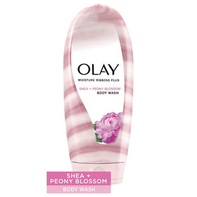 Olay bottle label highlighting shea butter and peony benefits