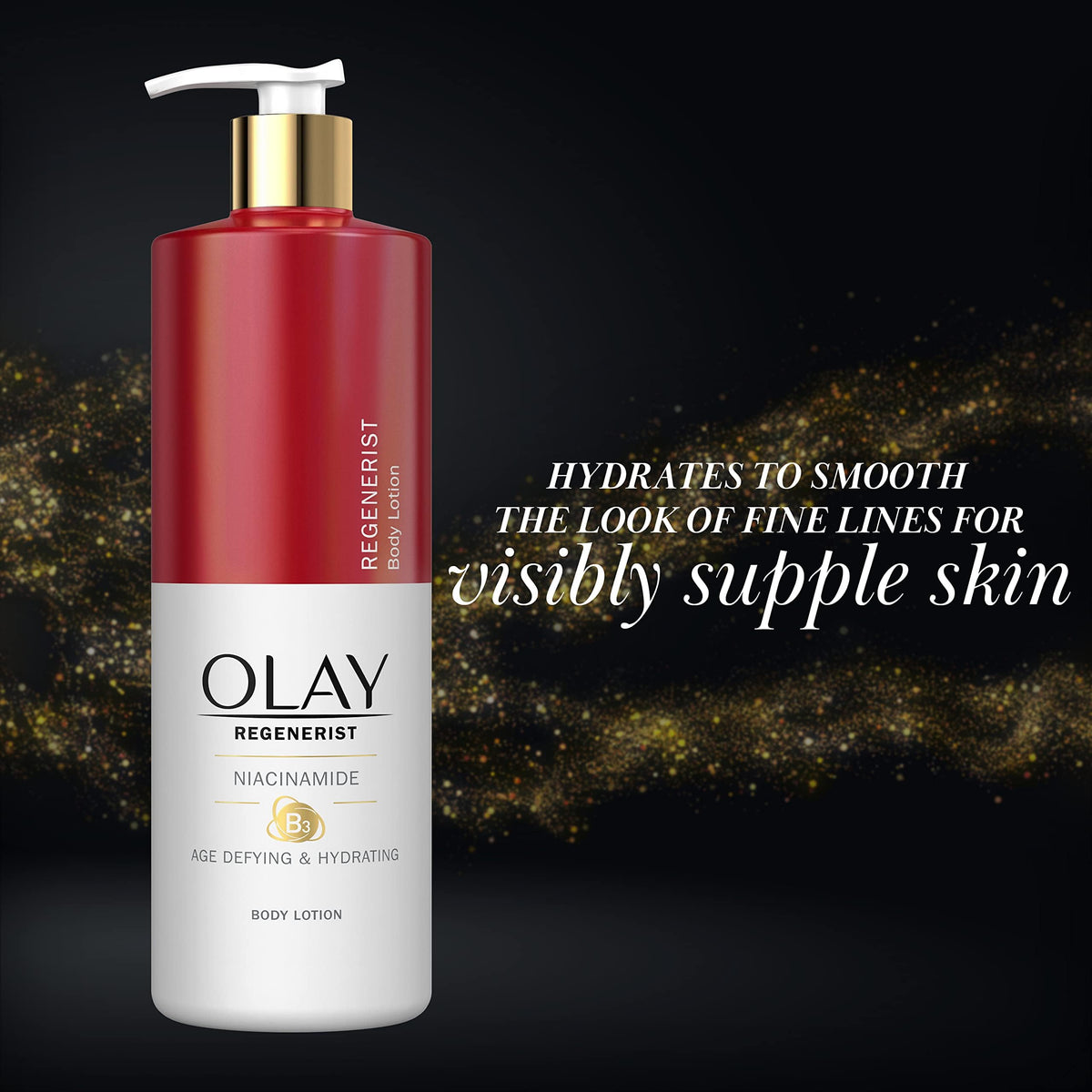 Olay label close-up highlighting niacinamide and ingredient benefits