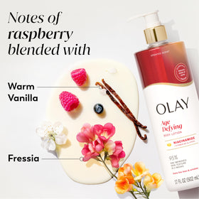 Olay bottle beside body wash to show enhanced Vitamin B3 synergy benefit