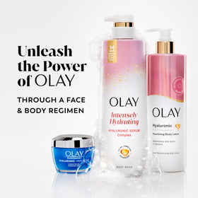 Olay bottle placed beside lotion to suggest layering with moisturizer for prolonged hydration