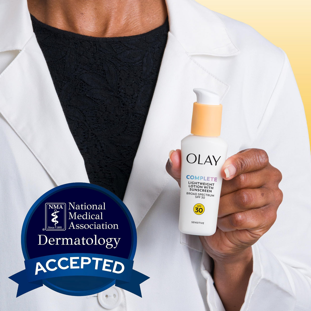 Olay bottle with sunglasses suggesting daytime sun protection benefit
