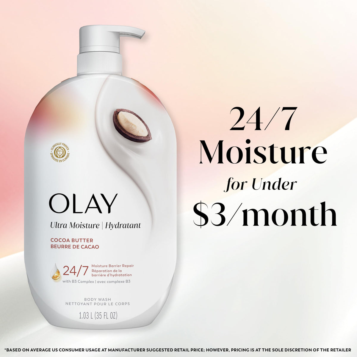 Olay bottle styled on bath shelf communicating premium skincare and daily ritual